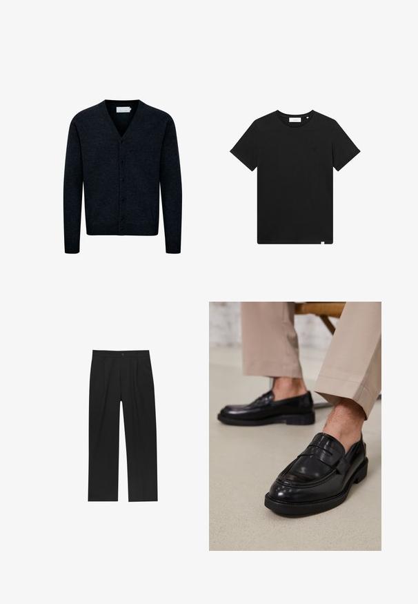 Sötétkék kötött kardigán V nyakkivágással, elől gombos záródással, hosszú ujjal és ribbentett aljjal. Puha, texturált anyagból készült.; Fekete rövid ujjú pamut póló, kerek nyakkal és egy kis géppel hímzett logóval a mellrészen. Sima tapintás, szabványos illeszkedés.; Fekete nadrág egyenes szárú kialakítással, sima anyagból készült. Elöl redők és egy gombos záródás található a derékon.; Fekete bőr loaferek sima felülettel, díszítő pánttal és kontrasztos varrással, bézs nadrággal párosítva.