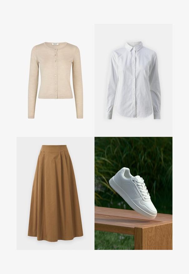 Bežs adīts kardigāns ar garām piedurknēm, apaļu izgriezumu un pogājamu priekšpusi ar mazām, gaišas krāsas pogām. Mīksta tekstūra.; Balta pogājamā krekla augšdaļa, izgatavota no gluda kokvilnas, ar klasisku apkakli, garām piedurknēm un izliekto apakšmalu. Pogas ir mazas un baltas.; Brūna kokvilnas A formas svārki ar augstu jostasvietu, kurai priekšā ir krokas un gluda tekstūra. Apakšmala ir tīra un vienkārša.; Baltie sporta apavi ar gludu sintētisku augšpusi, perforētu pirkstu daļu, plakani šņorēm un rakstainu zoli, novietoti uz koka virsmas.