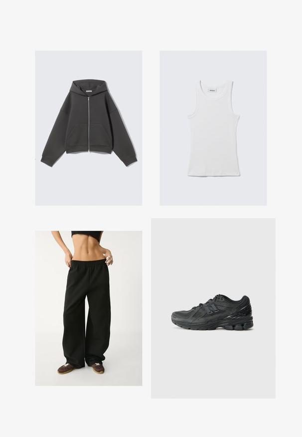 Szara bluza z kapturem na zamek, wykonana z miękkiego materiału, o luźnym kroju, z dużymi przednimi kieszeniami i regulowanym kapturem. Prosty design, bez wzorów.; Biała bawełniana koszulka na ramiączkach o prążkowanej fakturze, bez rękawów i okrągłym dekolcie. Posiada metkę przy szyi z napisem "WEEKDAY."; Czarne, szerokie spodnie dresowe z elastycznym paskiem w talii. Wykonane z miękkiego materiału, o luźnym kroju. Połączone z brązowymi trampkami.; Czarne buty do biegania z siateczkową cholewką, wyściełanym kołnierzem, syntetycznymi akcentami oraz teksturowaną podeszwą z widocznymi elementami amortyzującymi.