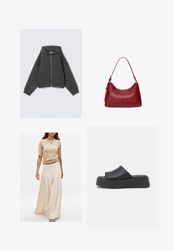 Šedá zip-up mikina vyrobená z jemnej látky s uvoľneným strihom, veľkými prednými vreckami a kapucňou so šnúrkou. Jednoduchý dizajn, bez vzorov.; Svetlošedý top na halter s hladkým materiálom, zaobleným výstrihom a viazaním na chrbte, s jemnou textúrou.; Béžový pletený top s krátkym rukávom v kombinácii s dlhou, voľnou krémovou sukňou s vertikálnymi plisé a hladkým povrchom.; Čierne platformové šľapky vyrobené z hladkého syntetického materiálu, s otvorenou špičkou a zaobleným predným dielom. Hrubé, penové podrážky.; Červená kožená taška cez rameno s zakriveným dizajnom, hladkou textúrou a zipsovým uzáverom. Obsahuje tenký popruh na nosenie.