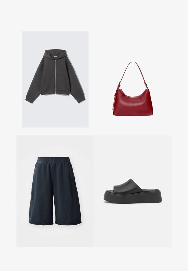 Siva zip-up kapa iz mehkega materiala z sproščenim krojem, velikimi sprednjimi žepi in kapuco s vrvico. Preprost dizajn, brez vzorcev.; Svetlo siva halterneck majica izdelana iz mehkega blaga z zaobljenim izrezom in zavezovanjem na hrbtu, ki ima subtilno teksturo.; Črne športne kratke hlače iz mehkega blaga, z elastičnim pasom in logotipom na strani. Gladka tekstura in sproščen kroj.; Črne platforme zlahka drsne sandale, izdelane iz gladkega sintetičnega materiala, z odprto vajetjo in zaobljenim sprednjim delom. Debeli, oblazinjeni podplati.; Rdeča usnjena torba za ramo z ukrivljeno obliko, gladko teksturo in zadrgo. Ima tanek ročaj za nošenje.