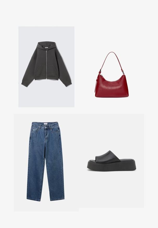 Grijze zip-up hoodie gemaakt van zachte stof met een relaxed fit, grote frontzakken en een capuchon met trekkoord. Eenvoudig ontwerp, geen patronen.; Lichtgrijze haltertop van zachte stof met een ronde halslijn en een strik aan de achterkant, met een subtiele textuur.; Klassieke blauwe denim jeans met een rechte pijp, vijf zakken en een knoopsluiting. Heeft een middelgrote wasbeurt en stevige textuur.; Zwarte platform slide slipper gemaakt van glad synthetisch materiaal, met een open teen ontwerp en een afgeronde voorkant. Dikke, gevoerde zolen.; Rode leren schoudertas met een gebogen ontwerp, een gladde textuur en een ritssluiting. Het heeft een dunne hengsel om te dragen.
