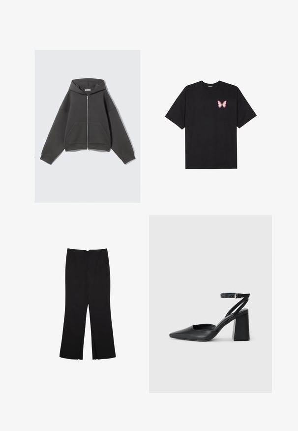 Felpa grigia con zip realizzata in tessuto morbido, dal taglio relaxed, con grandi tasche anteriori e cappuccio regolabile con cordini. Design semplice, senza motivi.; T-shirt nera in cotone con maniche corte, caratterizzata da una piccola grafica di una farfalla rosa sul lato sinistro del petto. Design a girocollo con una vestibilità rilassata.; Pantaloni neri a gamba dritta, con tasche frontali e spacchi laterali all'orlo. Realizzati in tessuto morbido e liscio. Adatti a diverse occasioni.; Pump in pelle nera con punta affusolata, cinturino alla caviglia e tacco spesso. Texture piatta, design elegante ed estetica minimalista.