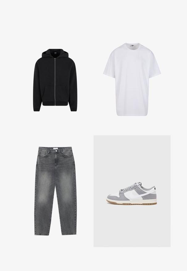 Sudadera con cremallera negra, hecha de una tela suave, que incluye capucha, bolsillos frontales y puños y dobladillo acanalados. Diseño sencillo sin patrones.; Camiseta blanca de algodón con mangas cortas, cuello redondo, corte relajado y sin logotipos ni patrones visibles. Textura suave y diseño minimalista.; Jeans de cintura alta y corte holgado en denim negro desgastado. Con cinco bolsillos, pasadores para el cinturón y un diseño de pierna recta y limpia.; Zapatilla gris y blanca con parte superior de ante y cuero, puntera redondeada, cordones planos y suela de goma con un acento de goma.