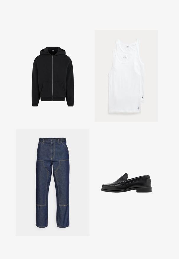 Zwarte rits-hoodie gemaakt van zachte stof, met een capuchon, frontzakken en ribgebreide manchetten en onderrand. Eenvoudig ontwerp zonder patronen.; Witte katoenen tanktops in een set van twee, met een klassieke ronde hals en een klein geborduurd logo linksonder.; Donkerblauwe denim jeans met een hoge taille, rechte pijpen, contrasterende stiksels en opgestikte zakken aan de voorkant.; Zwarte leren instappers met een gladde afwerking, gestikte details op de neus en een lage hakontwerp voor comfort en stijl.