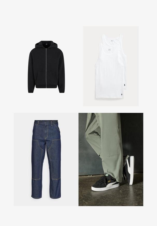Juodas zip-up džemperis, pagamintas iš minkštos medžiagos, su gobtuvu, priekinėmis kišenėmis ir giliomis rankovėmis bei apačia. Paprastas dizainas be raštų.; Balti medvilniniai marškinėliai be rankovių, komplekte po du, su klasikine apvaliomis kaklo iškirpte ir mažyčiu siuvinėtu logotipu apatiniame kairiajame kampe.; Tamsiai mėlynos džinsinės kelnes su aukštu liemeniu, tiesaus kirpimo dizainu, kontrastinėmis siūlėmis ir kišenėmis priekyje.; Juodi suede sportbačiai su baltais guminiais padais ir šoninėmis juostelėmis, derinami su šviesiai žaliais kargo kelnais, stovintys ant tekstūruoto tamsaus paviršiaus.