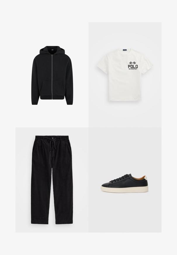 Mustast fliisist valmistatud tõmbluku ja kapuutsi ning ees olevate taskutega sviiter, millel on soonikust varrukad ja allserv. Lihtne disain, ilma mustriteta.; Valge puuvillane T-särk ümmarguse kaelusega, millel on must "Polo Motorsport" logo ja ristatud ruudulipud vasakul rinnal.; Mustreeritud mustad korduroypassid, millel on vabalt langev lõige, elastse vöökoha ja nööriga, ning küljetaskud. Kangas on ribakujuline.; Mustad nahast tennised sujuva pindadega, beež kummist tallaga, paelaga kinnitamine ja kontrastse kanna aktsendiga.