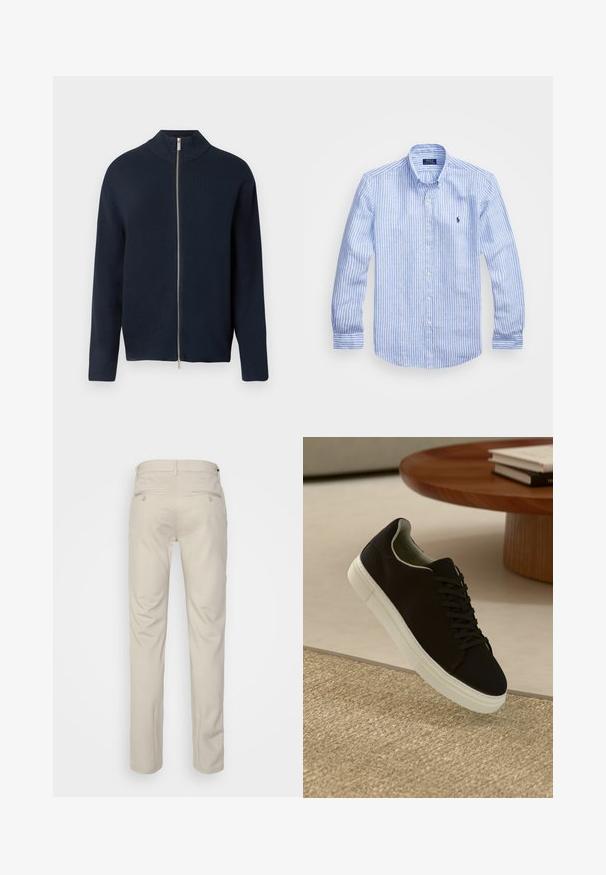 Ναυτικό φούτερ με φερμουάρ, ψηλό γιακά, μακριά μανίκια και λεία υφή. Διαθέτει ασημένιο φερμουάρ και μινιμαλιστικό σχεδιασμό.; Μπλε και λευκή ριγέ μακρυμάνικη μπλούζα από βαμβάκι, με κλασικό γιακά, εμπρόσθια κουμπιά και ένα μικρό κεντημένο λογότυπο στο στήθος.; Μπεζ παντελόνι με ομαλή υφή, ίσια γραμμή, δύο πίσω τσέπες με κουμπιά και κανονική μέση.; Μαύρο αθλητικό παπούτσι με λευκή σόλα που αιωρείται πάνω από μπεζ υφή χαλιού κοντά σε στρογγυλό ξύλινο τραπέζι με στοίβες βιβλίων.