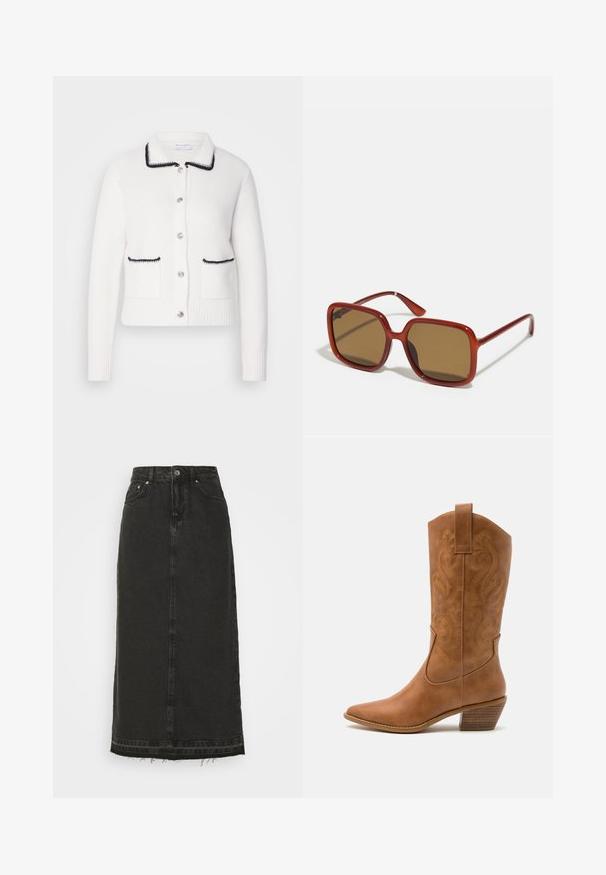 White wool cardigan with a collar, black trim, and two front pockets. Features silver buttons and ribbed cuffs and hem.; Long-sleeve, cream-colored button-up shirt made from soft fabric. Features a classic collar and a straight hem with button details.; Black denim midi skirt with a fitted waist, front button closure, and frayed hem. Features classic five-pocket design and slight texture.; Tan leather cowboy boot with pointed toe, embroidered swirl patterns on shaft, and a stacked block heel. Features a pull tab for easy wear.; Red square sunglasses with brown tinted lenses. Thick, glossy frames and slim arms with minor detailing on the side for visual interest.; Silver hoop earrings with a minimalist design. Circular shape, smooth texture, and thin profile. Lightweight with a polished finish.