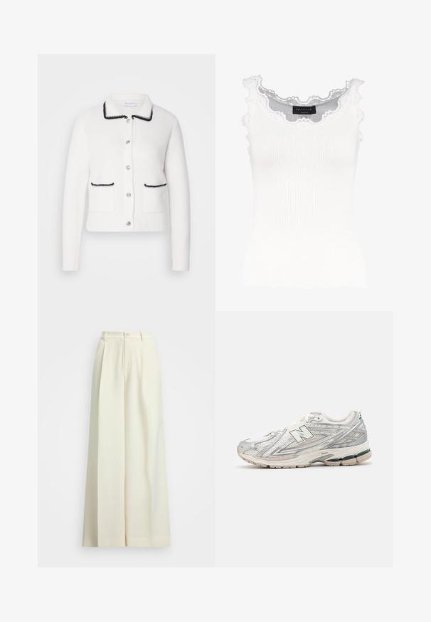 Fehér gyapjú kardigán, gallérral, fekete díszítéssel és két elülső zsebbel. Ezüst gombokkal és bordázott mandzsettával és szegéllyel rendelkezik.; Fehér, bordázott ujjatlan felső csipkés díszítéssel a nyakán és az ujjakon. Puha tapintása és testhez simuló fazonja van. A márkajelzés látható belül.; Széles szárú, natúrfehér anyagú nadrág, magas derékkal, dupla redőkkel és gombos záródással. Sima textúra és igényes szabás.; A futócipő ezüst és fehér hálós felsőrésszel rendelkezik, zöld részletekkel. A talpa tömzsi és textúrált, párnázottságra és támogatásra lett tervezve.