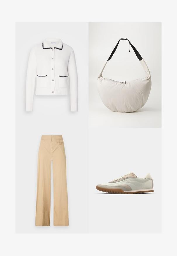 White wool cardigan with a collar, black trim, and two front pockets. Features silver buttons and ribbed cuffs and hem.; White long-sleeve t-shirt featuring a graphic of a person walking three dogs, with "Barbour" printed above in black.; Beige wide-leg pants made of cotton blend fabric. Features a smooth texture, elastic waistband, and a side button detail.; White and beige sneaker featuring a smooth upper with suede accents, a textured sole, and tonal stitching. Lace-up closure with logo detail.; Light beige padded shoulder bag with a curved, half-moon shape. Black strap, zipper closure, and subtle logo on the front. Soft texture.