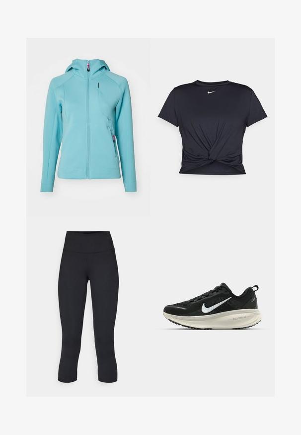 Felpa azzurro chiaro con zip, dotata di tasca frontale, forma aderente, texture a coste e cappuccio, con dettagli in hardware rosa sulla zip.; Maglietta atletica nera realizzata in tessuto liscio, con un design anteriore annodato e un piccolo logo Nike bianco sul petto.; Leggings cropped neri realizzati in tessuto elasticizzato, con vita alta e texture liscia, senza motivi o componenti visibili.; Scarpa da corsa nera Nike con tomaia in rete traspirante, logo Swoosh bianco, dettagli testurizzati e intersuola ZoomX di colore crema.