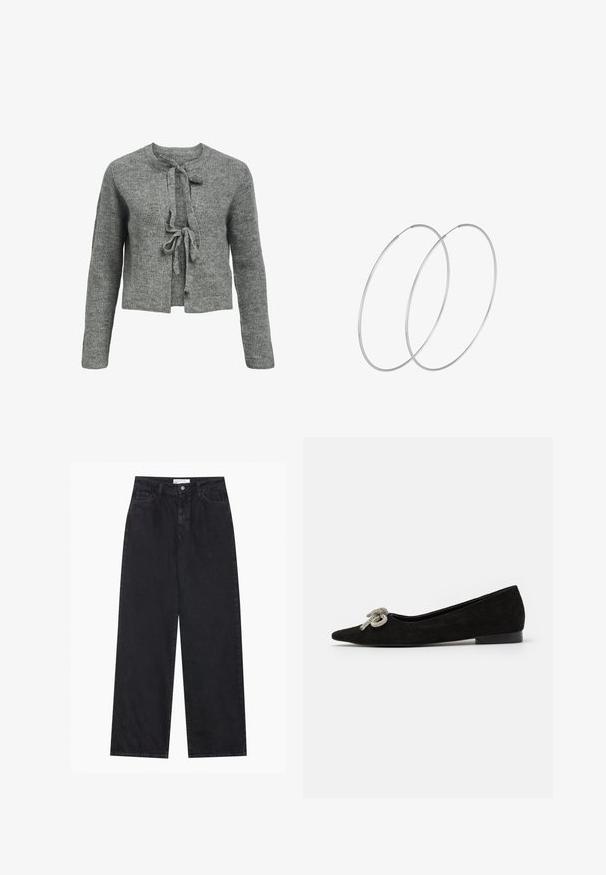 Pull en tricot gris avec un col rond, des manches longues et une fermeture à liens à l'avant. La texture est côtelée, créant une apparence chaleureuse.; Bodysuit noir à manches longues, avec un décolleté en V en maille et des détails froncés aux épaules. Tissu lisse avec une silhouette ajustée.; Jeans en denim noirs taille haute à jambes larges avec fermeture à bouton et zip à l'avant, passants de ceinture et style à cinq poches.; Chaussure plate en suede noir avec un bout pointu, ornée d'un détail de nœud en argent décoratif à l'avant, présentant un petit talon.; Boucles d'oreilles en argent au design minimaliste. Forme circulaire, texture lisse et profil fin. Légères avec une finition polie.