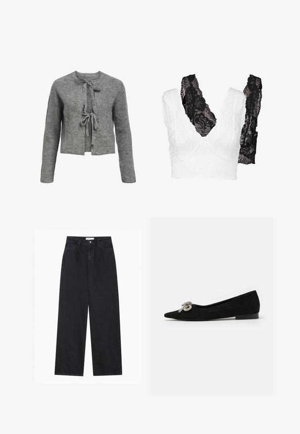 Halline hall kampsuun, millel on ümmargune kaelus, pikad varrukad ja ees sidumisvöö. Tekstuur on sooniline, luues hubase välimuse.; Sidetäisest pitsist rinnahoidjasett, millel on valge lillemuster ja must vaste. Mõlemal on V-kaelus ja laiad, detailirohked rihmad.; Mustad kõrgvööga laiad denimist teksad, millel on eesne nupp ja lukukinnis, vööaasad ning viis taskut.; Must mustast nahkking jalanõud terava varbaga, kaunistatud esiosas dekoratiivse hõbedase paelaga, madala kontsaga.