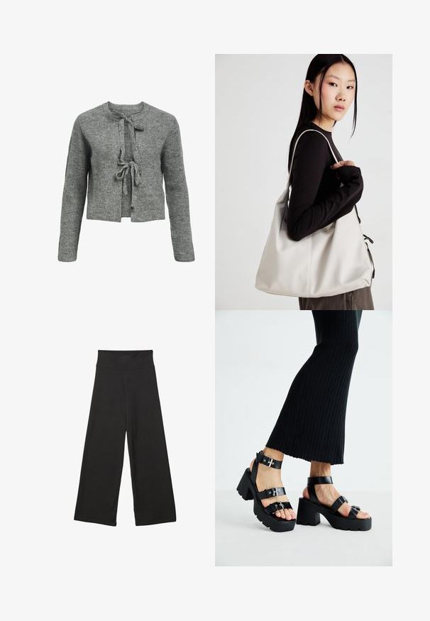 Siv svitru s pletenim vzorcem in okruglim izrezom, dolgimi rokavi in vezi spredaj. Tekstura je rebrasta, kar daje prijeten videz.; Črna majica brez rokavov iz bombaža, z okroglim izrezom in širokimi odprtinami za roke. Gladka tekstura s šivi na robovih. Klasičen, minimalističen dizajn.; Črne široke hlače z visokim elastičnim pasom, izdelane iz mehke tkanine in ohlapnega kroja, primerne za sproščeno nošenje ali casual priložnosti.; Črne platforme s sandali in debelimi, zarezami ter več naramnicami, ki vključujejo kovinske zaponke in gladko teksturo, podobno usnju.; Bežna torbica iz mehkega materiala, z ohlapno zasnovo, šivi in dvema naramnicama. Primerna za vsakodnevno uporabo.