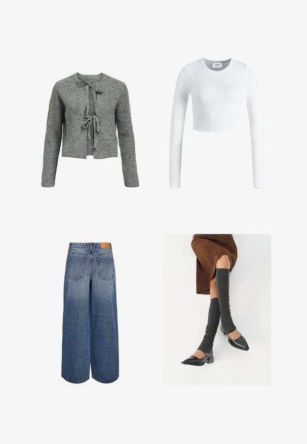 Pulover gri tricotat, cu decolteu rotund, mâneci lungi și legătură la față. Textura este cu caneluri, creând un aspect confortabil.; Top cu mânecă lungă albă, cropt, fabricat dintr-un material ribbed. Are un decolteu rotund și un design ajustat. Eticheta este vizibilă în interior, la gât.; Culottes din denim cu pantaloni largi, în nuanța albastru mediu, cu o textură decolorată, având două buzunare pe spate și un etichetă de marcă din piele maro pe talie.; Pantofi negri din piele lacuită, cu vârful ascuțit, toc bloc și curea la glezna, asortați cu jambiere gri cu nervuri și o fustă din suede maro.