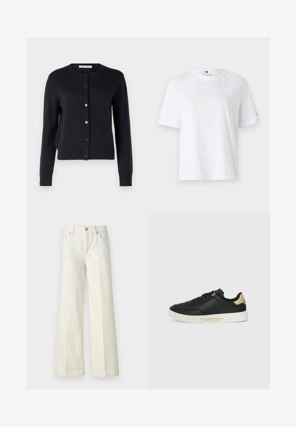 Navy blue, knitted cardigan with a round neckline, long sleeves, and six front buttons. Soft texture and fitted design.; White cotton T-shirt with a crew neck, short sleeves, and subtle yellow logo design reading "HILFIGER NEW YORK 1985." Standard fit.; Wide-leg white jeans made from cotton blend fabric. Features a zipper fly, five-pocket design, and stitching along the seams.; Black leather sneaker with a smooth texture, white rubber sole, gold accents on the heel and eyelets, featuring a logo on the side.