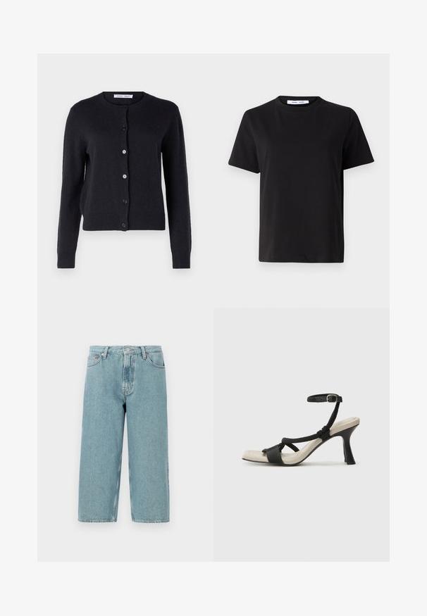 Sötétkék, kötött kardigán kerek nyakkivágással, hosszú ujjal és hat elülső gombbal. Puha tapintású és testhezálló dizájn.; Fekete, rövid ujjú póló, puha pamutból készült, kerek nyakkivágással, laza szabással és sima textúrával. Nincs látható minta vagy grafikák.; Világoskék farmer rövidnadrág, magas derékkal, egyenes szabással és nyers szegéllyel. Klasszikus gombos és cipzáras záródással rendelkezik, négy zseb van rajta.; Fekete sarkú szandál fonott pánttal, négyzet alakú orral és állítható bokapánttal. Világos bézs talpbetét fényes fekete sarkával.