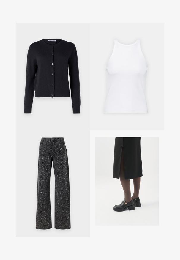 Navy blue, knitted cardigan with a round neckline, long sleeves, and six front buttons. Soft texture and fitted design.; White sleeveless tank top made of ribbed fabric, featuring a rounded neckline and a fitted silhouette, with minimal seams and no embellishments.; Noisy May NMJANNEL LOOSE - Relaxed fit jeans - black denim; Black leather shoes with a rounded toe, thick block heel, and elastic side accents, paired with dark tights and a black skirt with a slit.