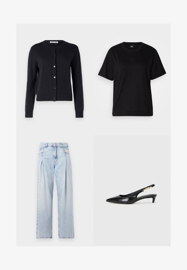 Cardigan tricotat de culoare albastru marin, cu guler rotund, mâneci lungi și șase butoane pe față. Textură moale și design ajustat.; T-shirt negru din bumbac, cu guler rotund, mâneci scurte și un logo brodat pe piept. Design simplu, cu o croială relaxată și fără modele.; Jeans din denim albastru deschis cu talie înaltă, croială evazată, două buzunare laterale și un design pliat. Textură moale cu un finisaj decolorat.; Sandale slingback din piele neagră cu vârf ascuțit, având un toc subțire și un accent de culoare aurie pe curea ajustabilă. Textură netedă.
