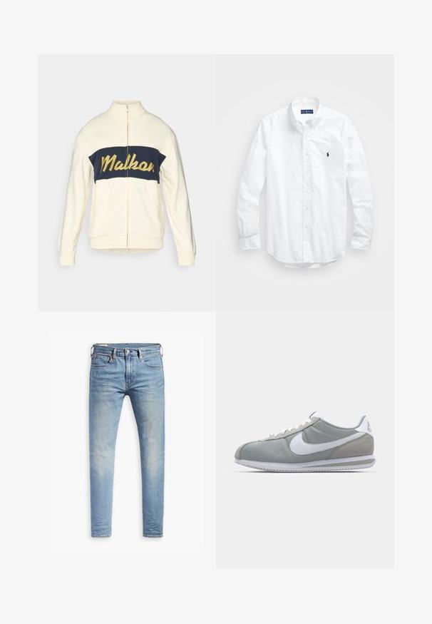 Creme-coloured zip-up jas met hoge kraag, marineblauw horizontaal kleurblok met gele "Malkar" tekst in cursief. Zachte stof met ribgebreide manchetten.; Witte lange mouwen overhemd van katoen. Voorzien van een klassiek kraag, knopenmanchetten en een klein marineblauw geborduurd logo op de borst.; Lichtblauwe slim-fit jeans met een lichte vervaging op de dijen, knoopsluiting aan de voorkant, riemlussen en vijf-pocket styling op een witte achtergrond.; Grijze sportschoen met een bovenwerk van suede en textiel, witte Nike swoosh en witte veters. Heeft een gestructureerde rubberen zool en een gevoerde schacht.
