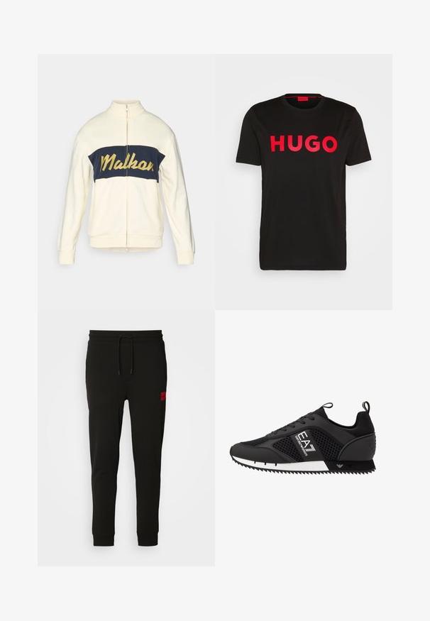 Giacca a zip crema con collo alto, blocco di colore orizzontale blu navy con il testo giallo "Malkar" in scrittura corsiva. Tessuto morbido con polsini a coste.; T-shirt nera in cotone con il testo "HUGO" rosso audace sul davanti, maniche corte, scollo rotondo e vestibilità rilassata.; Pantaloni felpati neri realizzati in tessuto morbido, con vita regolabile tramite cordoncino, vestibilità slim e una patch rossa con logo sulla coscia sinistra.; EA7 Emporio Armani Sneakers basse - black/white