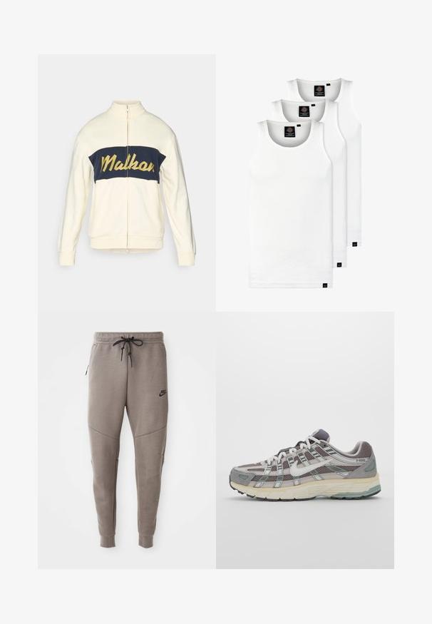 Kreemika värvi lukuga jakki kõrge kaelusega, tumesinise horisontaalse värvi plokiga, millel on kollane "Malkar" kiri käsitsi kirjutatud stiilis. Pehme kangas ribidega mansettidega.; Kolm valget ribaga t-särki, mis on valmistatud puuvillast. Omavad ümmargust kaelanõhku ja väikseid musti silte hemme lähedal. Saadaval erinevates suurustes.; Hallide Nike dressipüksid, millel on nööriga vöökoht, kitsenevad sääred, küljetaskud ja eristuv õmbluse detail. Pehme, tekstureeritud kangas.; Hallus hallitus jalanõud, millel on võrgust ja sametist ülemine osa, valged rõhutused, pehme tald ning eristuv disain peegelduvate elementidega.