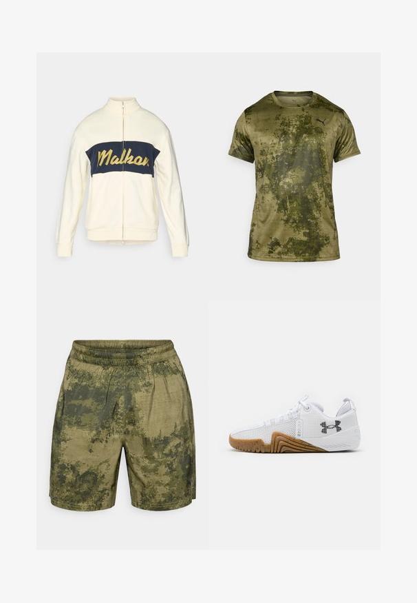 Cremefarbene Zip-Jacke mit hohem Kragen, marineblauem, horizontalem Farbblock und gelbem "Malkar"-Text in Schriftzug. Weicher Stoff mit gerippten Bündchen.; Kurzarmliges Sport-Shirt in Olivgrün mit einer strukturierten, gemusterten Oberfläche. Verfügt über ein kleines schwarzes Logo auf der oberen linken Brust.; Tarnmuster-Shorts in verschiedenen Grüntönen, aus leichtem Stoff gefertigt, mit einem elastischen Bund und einer lässigen Passform.; Weiße Sportschuhe mit einem Obermaterial aus Mesh, einer Gummisohle in Braun, strukturierten Akzenten und einem schwarzen Logo an der Seite.