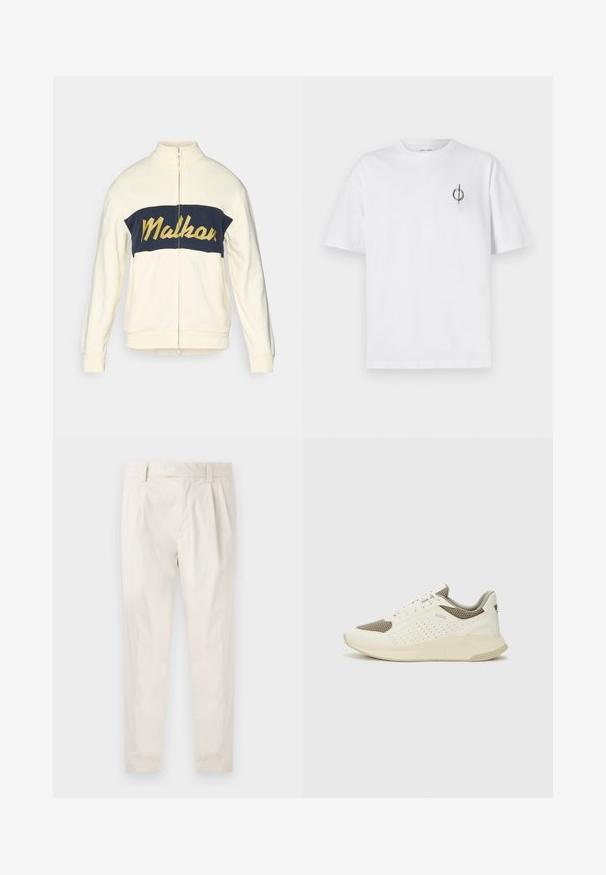 Cream zip-up jacket with high collar, navy horizontal color block featuring yellow "Malkar" text in script. Soft fabric with ribbed cuffs.; White cotton t-shirt with a relaxed fit, featuring a small black graphic logo on the left chest area. Short sleeves, crew neck style.; White, pleated trousers with a tailored fit, featuring a smooth texture, belt loops, and tapered legs. No visible pockets or patterns.; White and light beige athletic sneaker, featuring a mesh upper, perforated detailing, and a textured midsole with branding on the heel.