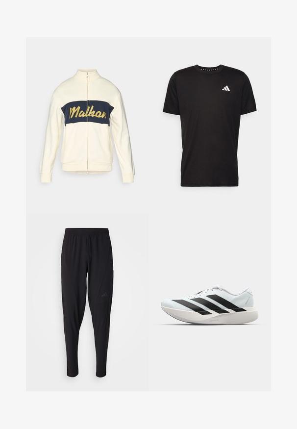 Giacca a zip crema con collo alto, blocco di colore orizzontale blu navy con il testo giallo "Malkar" in scrittura corsiva. Tessuto morbido con polsini a coste.; T-shirt in cotone nero con maniche corte, scollo rotondo e logo bianco sul lato sinistro del petto. Texture liscia e design semplice.; Pantaloni sportivi neri con vita elastica, design affusolato, tasche laterali e dettagli logo discreti. Realizzati in tessuto flessibile e traspirante.; Scarpe da corsa leggere di colore azzurro pallido con strisce nere. Presentano una tomaia liscia, punta rotonda e un'ampia intersuola bianca etichettata "LIGHTSTRIKE PRO."