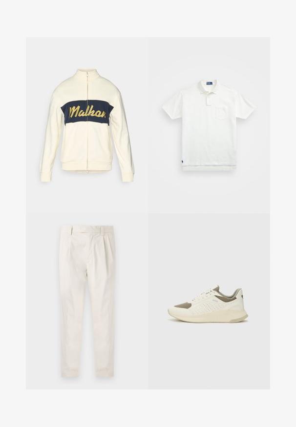 Creme-coloured zip-up jas met hoge kraag, marineblauw horizontaal kleurblok met gele "Malkar" tekst in cursief. Zachte stof met ribgebreide manchetten.; Witte poloshirt van katoen, met een klassieke kraag, een knoopsluiting met drie knopen en een borstzak aan de linkerkant; klein logo aan de onderrand.; Witte, geplooide broeken met een getailleerde pasvorm, met een gladde textuur, riemlussen en taps toelopende benen. Geen zichtbare zakken of patronen.; Witte en lichtbeige sport sneaker, met een bovenwerk van mesh, geperforeerde details en een gestructureerde tussenzool met branding op de hiel.