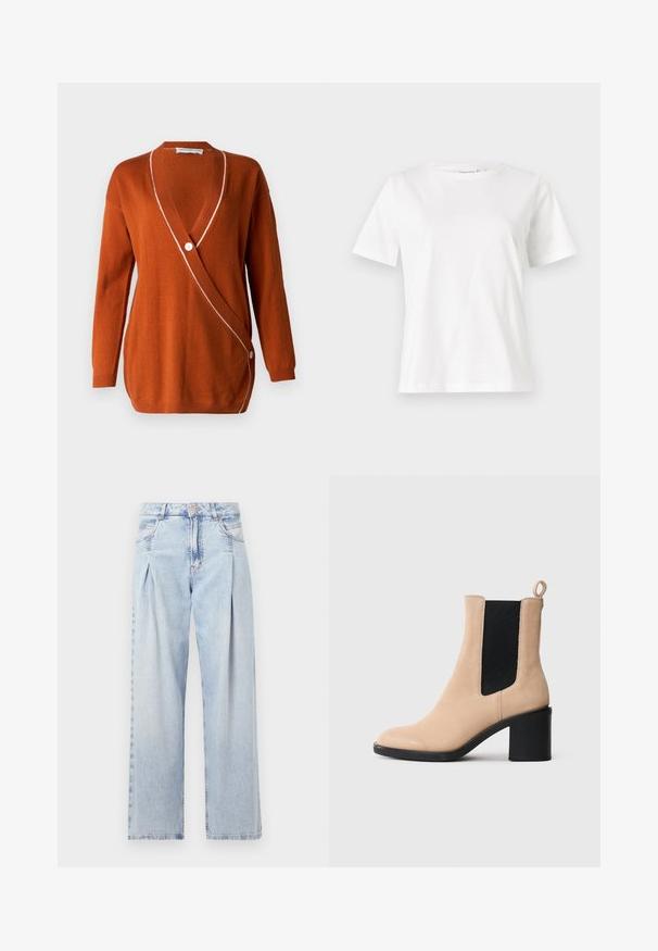 Cardigan de culoare ruginită, cu decolteu adânc în V, mâneci lungi și o accente albă pe margine. Prezentă un singur nasture de închidere pe o parte.; Tricou alb din bumbac cu mâneci scurte, guler rotund și o croială relaxată. Textură netedă, fără imprimeuri sau accente, design minimalist.; Jeans din denim albastru deschis cu talie înaltă, croială evazată, două buzunare laterale și un design pliat. Textură moale cu un finisaj decolorat.; Botine bej din suede, cu toc pătrat, având o inserție elastică neagră și un tab de prindere în spate. Textură netedă și design cu vârf rotund.