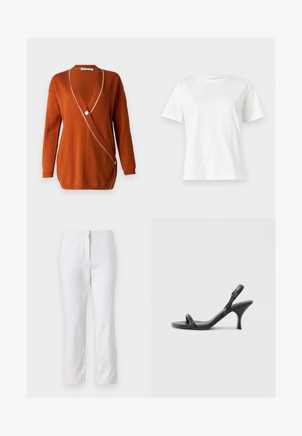 Cardigan color ruggine con scollo a V profondo, maniche lunghe e un bordo bianco lungo il profilo. Presenta una chiusura a pulsante singolo su un lato.; T-shirt bianca in cotone con maniche corte, scollatura rotonda e vestibilità rilassata. Struttura liscia, senza motivi né accenti, design minimalista.; Pantaloni bianchi in cotone con design a gamba dritta, caratterizzati da una vita a media altezza e senza hardware o motivi visibili. Tessuto liscio su tutta la superficie.; Sandali con tacco alto in pelle nera, con tacco sottile e curvo e design a fascia incrociata. Cinghia alla caviglia regolabile. Texture liscia.