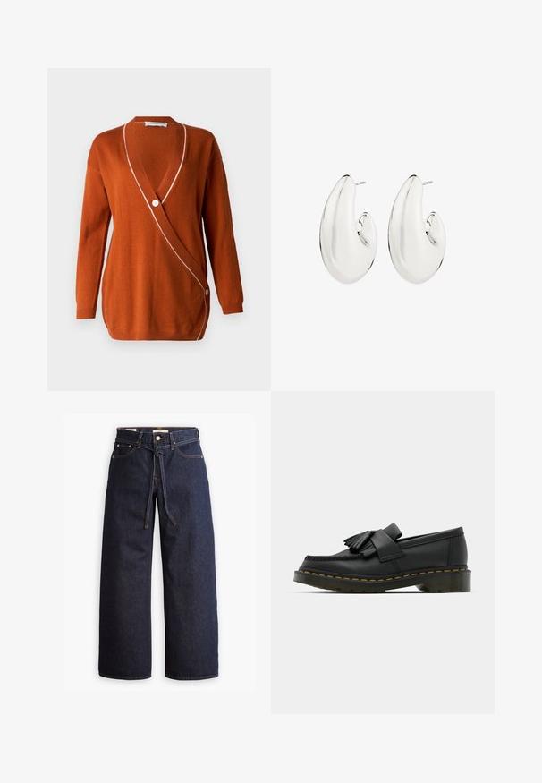 Ruskohvärvine kardigan sügava V-kaelusega, pikkade varrukatega ja valge äärisega. Omab ühte nööbiga kinnitust ühel küljel.; Valkoinen pitkähihaisen paita ribbatusta kankaasta, jossa on pyöreä pääntie ja kapeamuotoinen malli. Ei kuvioita tai yksityiskohtia.; Korkeavyötäröiset tummansiniset leveälahkeiset farkut, joissa on narunauhakuja, viisi taskua ja kontrastiväriset ompeluseikat.; Musta nahkakengät, joissa on pyöreä varvas, fringed-yksityiskohta ja koristeellinen nauha edessä, paksulla kannalla.; Korvansävyiset korvakorut, joissa on pitkulainen, kaareva muotoilu. Sileä, heijastava pinta ja lävistetty takakappale.