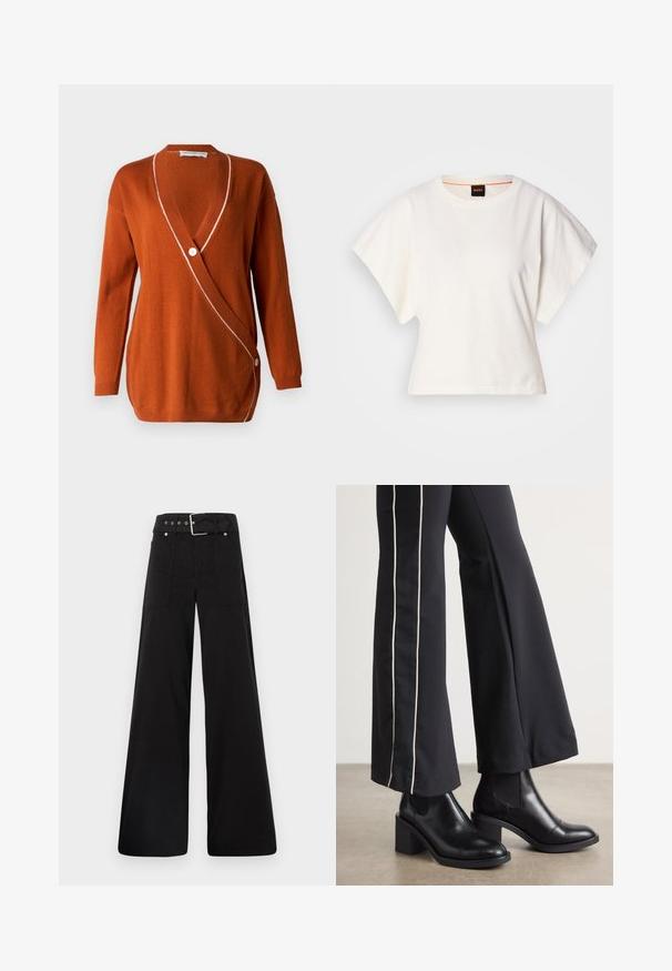 Cardigan color ruggine con scollo a V profondo, maniche lunghe e un bordo bianco lungo il profilo. Presenta una chiusura a pulsante singolo su un lato.; T-shirt bianca cropped, maniche corte e larghe, tessuto di cotone morbido, scollatura rotonda con bordino arancione sottile, design minimale, senza motivi o grafiche.; Pantaloni neri a gamba larga realizzati in cotone, con vita alta, ampie tasche laterali e vita con cintura arricchita da dettagli in metallo argentato.; Stivaletti in pelle nera con tacco a blocco, dotati di pannelli elastici sui lati. Abbinati a pantaloni neri con una striscia bianca laterale.