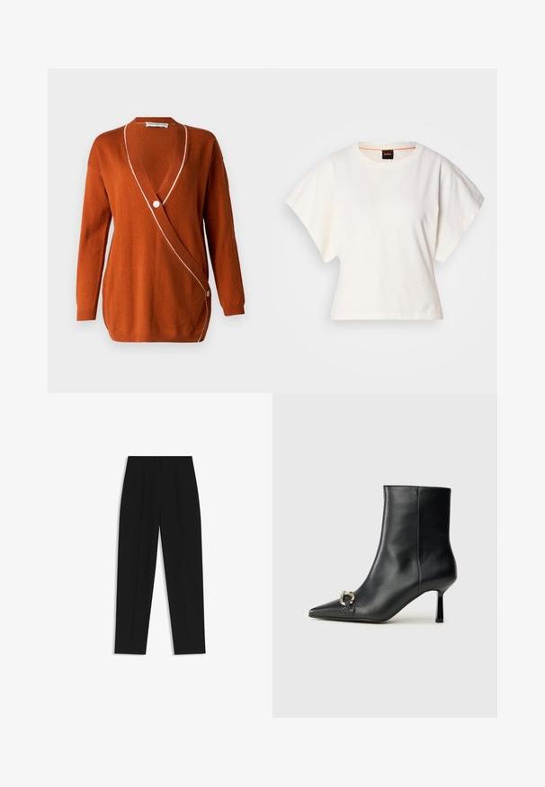 Rdzawoczerwony kardigan z głębokim dekoltem w serek, długimi rękawami i białym akcentem na krawędzi. Posiada pojedyncze zapięcie na guzik z jednej strony.; Biała, krótka koszulka z szerokimi rękawami, wykonana z miękkiej bawełny, okrągły dekolt z delikatnym pomarańczowym wykończeniem, minimalistyczny design, bez wzorów i grafik.; Czarne spodnie o prostym kroju, z podwójnymi zakładkami, gładką teksturą i klasycznym krojem w talii. Bez widocznych elementów metalowych ani akcentów.; Czarny skórzany botek za kostkę z szpiczastym noskiem, smukłym średnim obcasem i srebrnym zapięciem po boku na jednolitym tle.