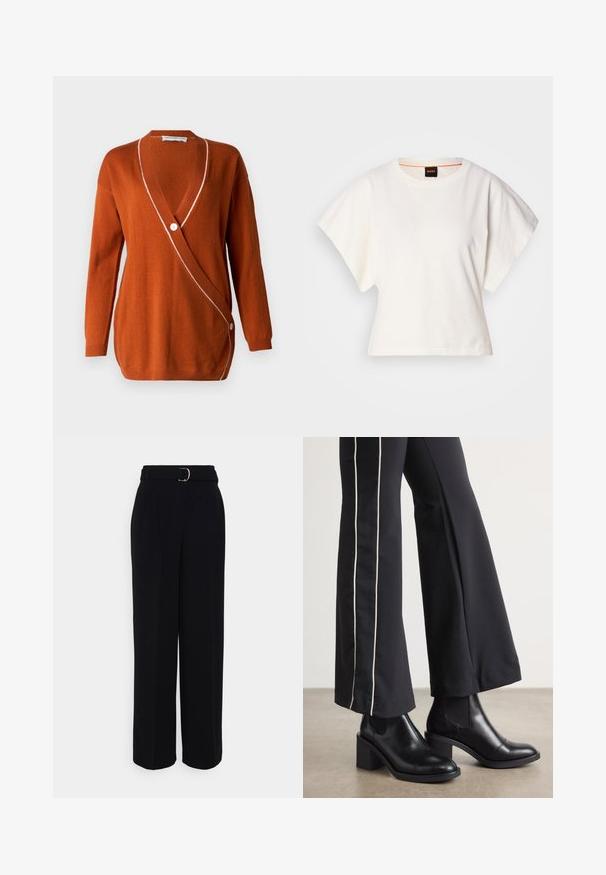 Cardigan color ruggine con scollo a V profondo, maniche lunghe e un bordo bianco lungo il profilo. Presenta una chiusura a pulsante singolo su un lato.; T-shirt bianca cropped, maniche corte e larghe, tessuto di cotone morbido, scollatura rotonda con bordino arancione sottile, design minimale, senza motivi o grafiche.; Pantaloni neri su misura con una silhouette a gamba larga, dotati di una cintura con fibbia argentata, pieghe e una superficie di tessuto liscia.; Stivaletti in pelle nera con tacco a blocco, dotati di pannelli elastici sui lati. Abbinati a pantaloni neri con una striscia bianca laterale.
