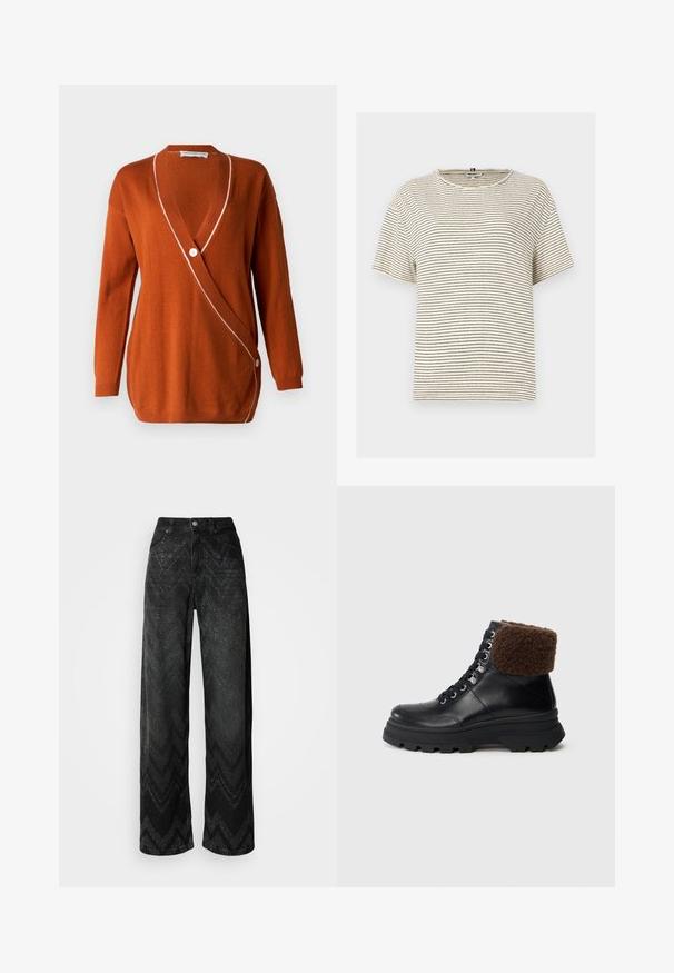 Rūsas krāsas kardigāns ar dziļu V-veida kakla izgriezumu, garām piedurknēm un baltu akcentu gar malu. Ir vienas pogas aizdare vienā pusē.; Svītrains īsās piedurknes T-krekls krēmkrāsā ar melniem horizontāliem svītrām. Iebūvēta apaļa kakla izgriezums un brīva piegrieztne. Izgatavots no mīksta auduma.; Plašas melnas džinsus ar zigzaga tekstūras rakstu. Izgatavots no denima, ar pogu aizdari un divām priekšējām kabatām.; Melna ādas zābaku ar šņorēm, ar biezu zoli un salocītu brūnu šērlinga apkakli, parādīts no sāna uz vienkārša fona.
