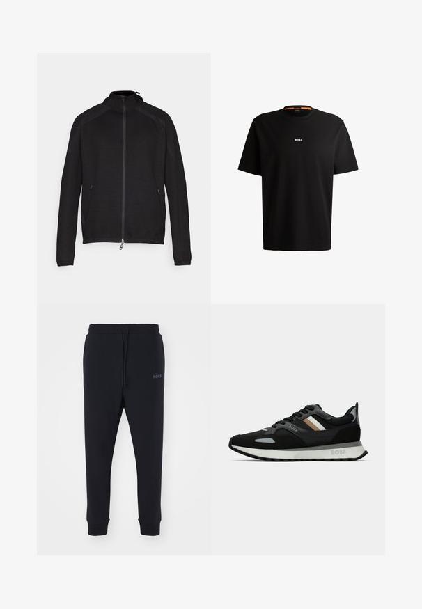 Casaco preto com fecho zip, feito de tecido texturizado, gola alta e painéis laterais contrastantes. Apresenta bolsos com fecho e um logo no peito.; T-shirt preta em algodão com gola redonda, mangas curtas e logo branco "BOSS" centrado no peito. Textura suave, corte casual.; Calças de fato pretas feitas de material macio, com uma cintura elástica, cordão e pernas ajustadas. Apresenta um pequeno logotipo de lado.; Shoe de corrida preto com uma superfície texturizada, detalhes cinza claro e três riscas horizontais em castanho. Apresenta uma sola branca acolchoada.