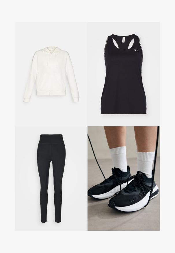 White zip-up hoodie with a drawstring hood, side pockets, and ribbed cuffs. Soft material with a smooth texture and simple design.; Black athletic tank top with a scoop neckline and racerback design. Features logo and patterned straps. Made from lightweight, breathable material.; Black leggings made of stretchy fabric, featuring a high waistband, ribbed panels on the sides, and a fitted design tapering at the ankles.; Black athletic shoes with textured fabric, white sole, and black laces. Worn with white ribbed socks, standing on a light surface.