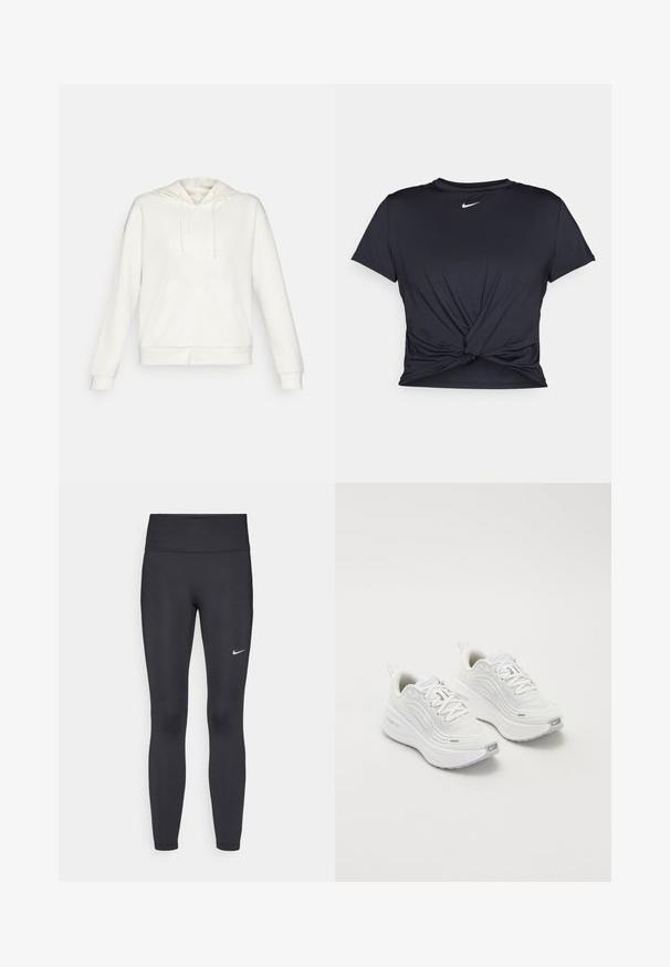Witte hoodie met rits, voorzien van een trekkoordkap, zijzakken en geribbelde manchetten. Zacht materiaal met een gladde textuur en een eenvoudig ontwerp.; Zwarte sportieve T-shirt van gladde stof, met een geknoopt ontwerp aan de voorkant en een klein wit Nike-logo op de borst.; Zwarte legging van rekbare stof met een hoge tailleband en een wit Nike-logo op de linkerdij. Gladde textuur, aansluitend ontwerp.; Witte sportieve schoenen met een gestructureerde mesh bovenkant, een comfortabele zool en subtiele grijze accenten. Inclusief branding en een lus aan de hiel voor eenvoudig aan- en uittrekken.