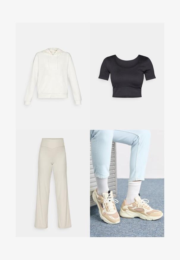 Valge tõmbluku kapuutsiga sweatshird, millel on stringiga kapuuts, küljetaskud ja soonikkoes varrukad. Pehme materjal siledast tekstuurist ja lihtne disain.; Must have rõngaste ja lühikeste varrukatega must ribakujundusega topsi, millel on lai ümar dekoltee ja madal vöökoht. Pehme tekstuur, juhuslik disain.; Bežid laiendatud püksid ribakudumisega, kõrge vöökoht ja sirge lõige. Omab õrna lõhet allservas.; Beežid ja kreemijääk athletic tossud, mis sisaldavad võrkpaneele, paksu tallaga ning kontrastseid musti aktsente. Kandmiseks valged sokid ja heledat sinist teksapüksid.