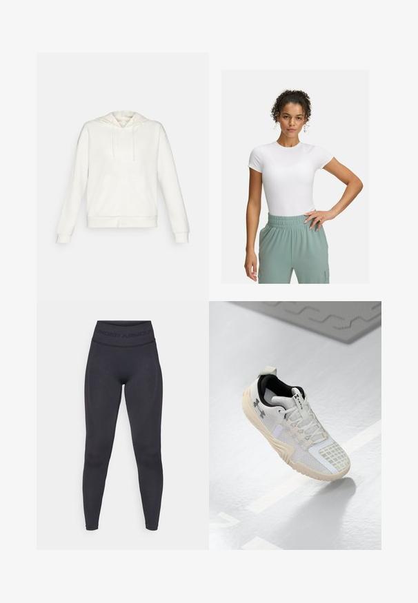 Felpa bianca con cerniera e cappuccio regolabile, tasche laterali e polsini a coste. Materiale morbido con una texture liscia e un design semplice.; T-shirt bianca aderente con maniche corte, abbinata a pantaloni con elastico in vita di colore verde chiaro. Texture liscia, design minimalista e nessun motivo visibile.; Leggings neri con una vita alta elastica con il testo "UNDER ARMOUR". Texture liscia con accenti di pattern discreti lungo le gambe.; Scarpa sportiva bianca con una tomaia in mesh testurizzato, un interno nero e una suola in gomma beige con una presa a motivo. Accentuata da dettagli sottili.