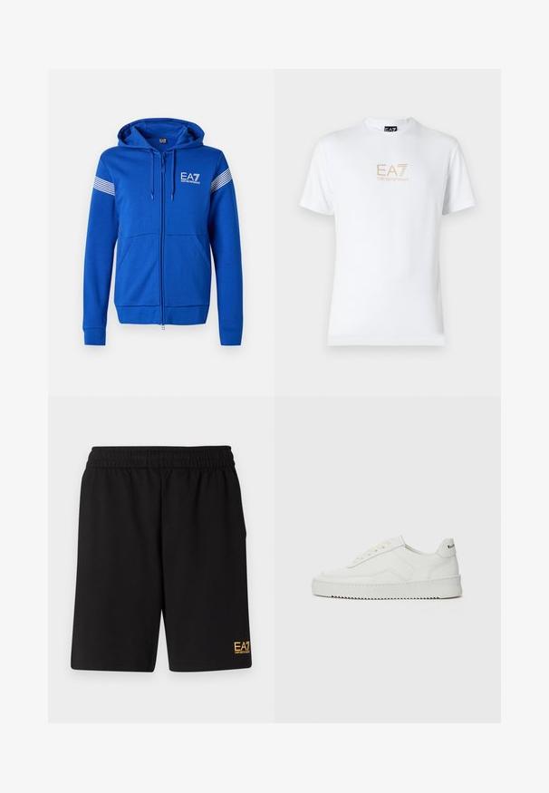 Sudadera azul con cremallera y capucha, que presenta un logotipo blanco de EA7, dos bolsillos frontales y detalles a rayas en las mangas. Textura de tela suave.; Camiseta blanca de algodón con escote redondo y mangas cortas, con un logo dorado de EA7 Emporio Armani impreso en el frente.; Pantalones cortos deportivos negros de tejido suave, con una cintura elástica y un pequeño logo amarillo de EA7 en la parte inferior de la pierna izquierda.; Zapatilla de cuero blanca con un acabado suave, puntera redonda, cordones planos y suela texturizada. Cuenta con un sutil logo en el talón.