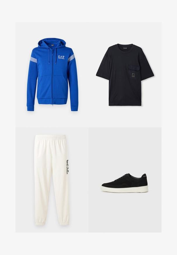 Sweatshirt azul com fecho zip com capuz, apresentando um logótipo EA7 branco, dois bolsos frontais e detalhes listrados nas mangas. Textura de tecido suave.; T-shirt preto de manga curta com decote redondo e um bolso com aba no lado esquerdo do peito, apresentando um pequeno patch retangular de logotipo.; Calças de treino beje claro com cintura elástica e punhos elásticos. Apresenta um logo preto impresso na perna esquerda. Tecido com textura suave.; Sapatilhas de camurça pretas com design de atacadores e sola de borracha branca em contraste. Apresenta painéis laterais texturizados e uma marcação discreta no calcanhar.