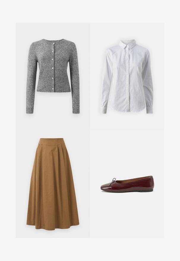 Cardigan en tricot gris avec manches longues, col rond et patte à six boutons. Présente un ourlet côtelé et une texture tout au long du tissu.; Chemise blanche à manches longues en coton lisse, dotée d'un col classique et d'un ourlet arrondi. Les boutons sont petits et blancs.; Jupe A-line en coton brun avec taille haute, dotée de plis sur le devant et d'une texture lisse. Les finitions de l'ourlet sont nettes et simples.; Ballerines en cuir verni bordeaux avec un bout rond, un petit nœud décoratif à l'avant et une semelle en caoutchouc noire basse. Texture lisse.