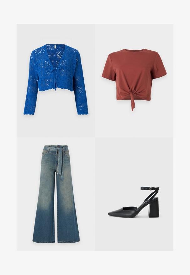 Mėlynas nertinis kardiganas su ilgomis rankovėmis, V formos iškirpte, priekyje nusirišantis uždarymas, atviras mezgimo raštas ir banguota apdaila. Lengvas ir tekstūruotas dizainas.; Rudens spalvos trumpas medvilninis marškinėliai su trumpomis rankovėmis ir suknietu priekyje. Lygus paviršius, apvalus kaklo išpjova.; Platus džinsinis kelnes su šviesiai tamsiai mėlynu gradientu, aukštu juosmeniu, diržo kilpomis ir atitinkančiu audinio diržu. Textūruotas džinsinis paviršius.; Juoda odinė smailiagalė aukštakulnio bateliai su kulkšnies dirželiu ir storu kulnu. Lygus paviršius, elegantiškas dizainas ir minimalistiška estetinė.