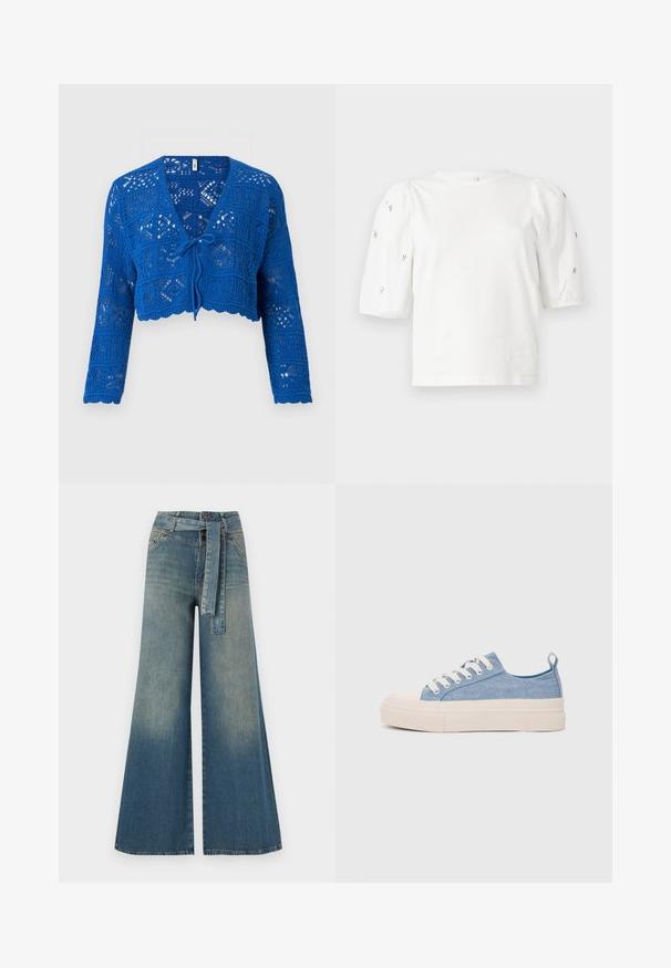 Blue crochet cardigan with long sleeves, V-neck, tie closure at front, open knit pattern, and scalloped hem. Light and textured design.; White cotton t-shirt with short puff sleeves, featuring small silver embellishments along the sleeves. Classic round neckline, relaxed fit.; Wide-leg denim trousers featuring a light to dark blue gradient, high waist, belt loops, and a matching fabric belt. Textured denim finish.; Light blue canvas sneakers with a cream rubber toe cap and outsole, featuring white laces and a pull tab on the heel.
