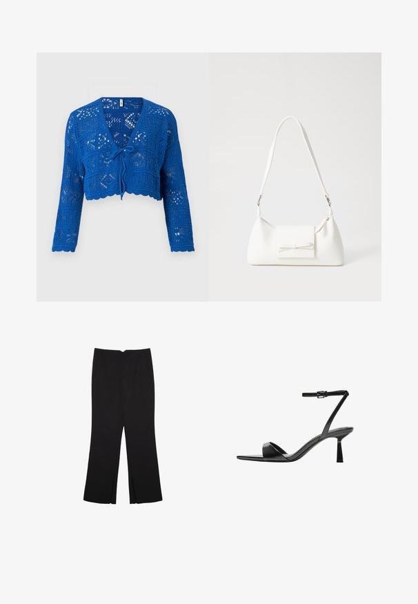 Plavi pleteni kardigan s dugim rukavima, V-izrezom, vezivanjem sprijeda, otvorenim pletenim uzorkom i valovitim rubom. Lagani i teksturirani dizajn.; Crni top bez rukava od pamuka, s okruglim izrezom i širokim izrezima za ruke. Glatka tekstura s ušivenim rubovima. Klasičan, minimalistički dizajn.; Crne hlače ravnog kroja, s prednjim džepovima i bočnim prorezima na rubu. Izrađene od mekog i glatkog materijala. Pogodne za razne prigode.; Bershka Sandale s visokom petom - black; Bijela sintetička torbica s trokutastim oblikom, ravnim prednjim poklopcem i detaljem u obliku mašne, podesivom remenom, glatkom teksturom i minimalističkim dizajnom.