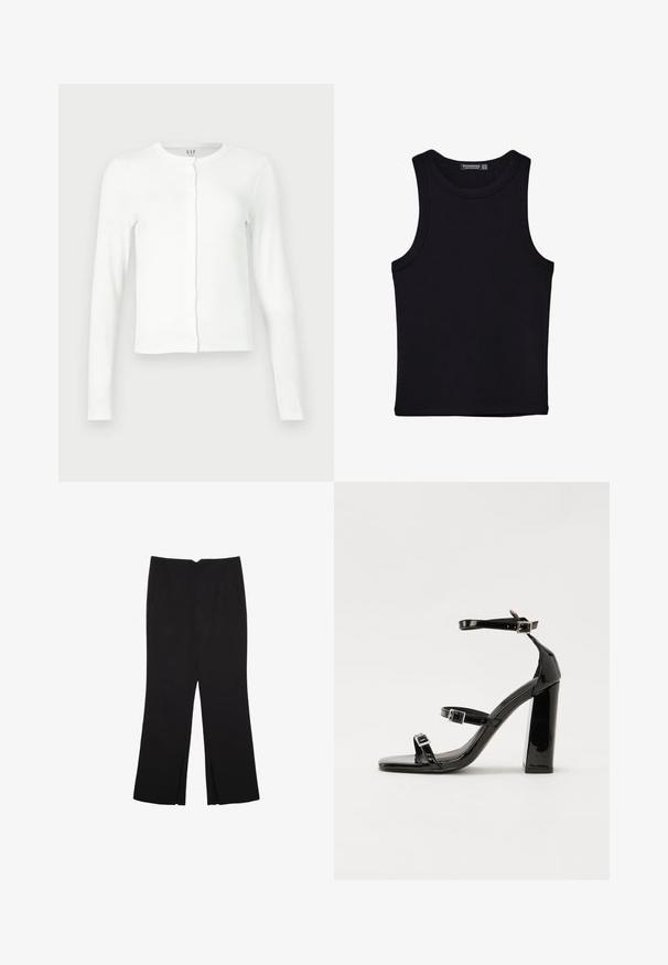 Valkoinen pitkähihaisen nappiketjun neuletakki, jossa on pyöreä kaula-aukko, slim fit -malli ja huomaamaton GAP-logotunnus kauluksessa.; Musta hihaton paita, joka on valmistettu puuvillasta, ja jossa on pyöreä kaula-aukko sekä leveät kainaloaukot. Silkkinen pinta ja ommellut reunat. Klassinen, minimalistinen muotoilu.; Mustat housut suoralinjaisella leikkauksella, joissa on etutaskut ja sivurei'ät helman alla. Valmistettu pehmeästä ja sileästä kankaasta. Sopii eri tilaisuuksiin.; Musta kiiltäväpintainen korkokengät, joissa on kaksi solkikiinnitystä, neliönmuotoinen kärki ja paksu korko, sileällä, kiiltävällä pintarakenteella.